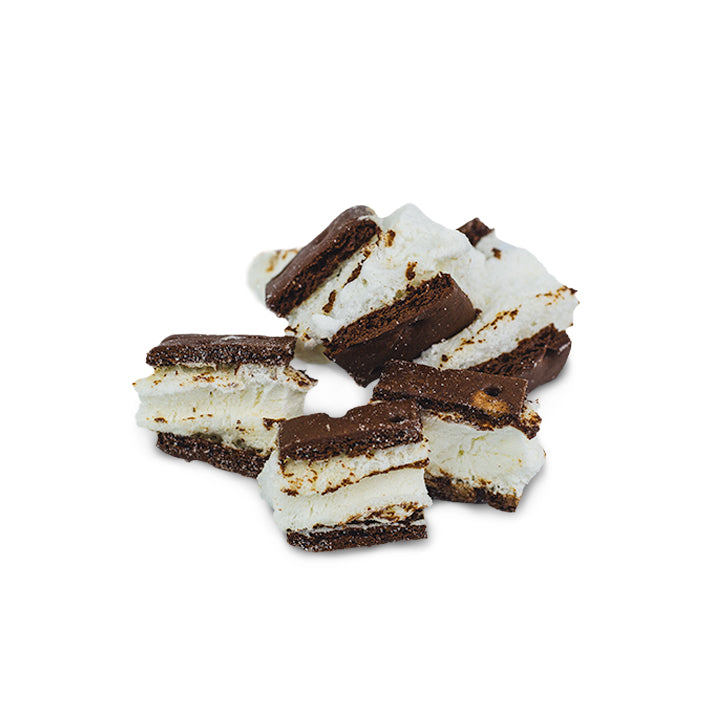 Pieces of freeze-dried ice cream sandwich (vanilla ice cream between two chocolate wafers)