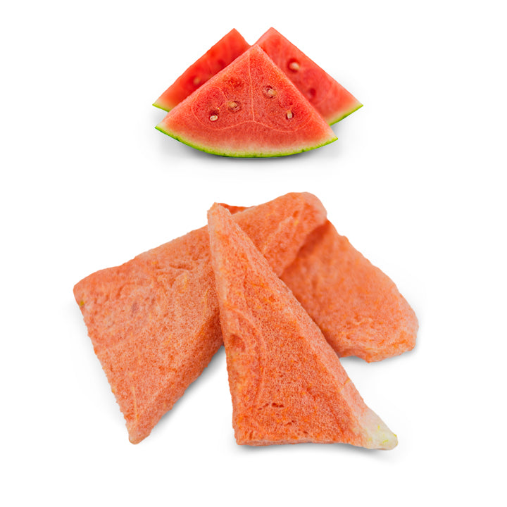 3 freeze-dried watermelon triangular slices beside 3 regular watermelon slices