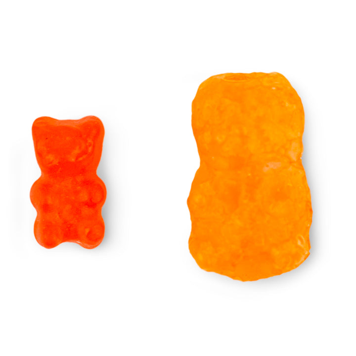 Freeze-dried gummy bear beside regular gummy bear