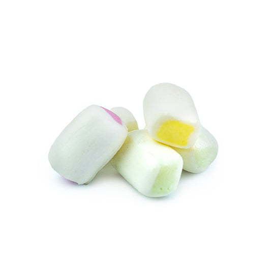 Pile of white candies with coloured centres