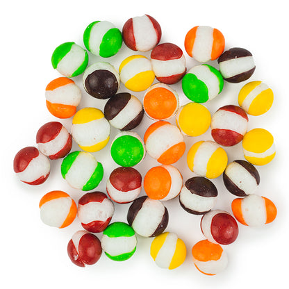 Pile of red, green, yellow, orange, and purple freeze-dried skittles